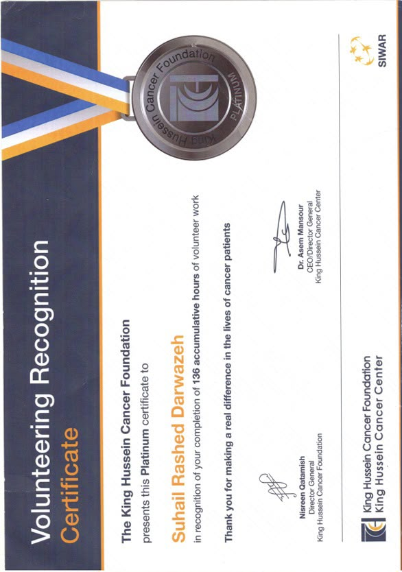 KHCF Platinum volunteering recognition certificate acknowledging 136 hours of volunteer work